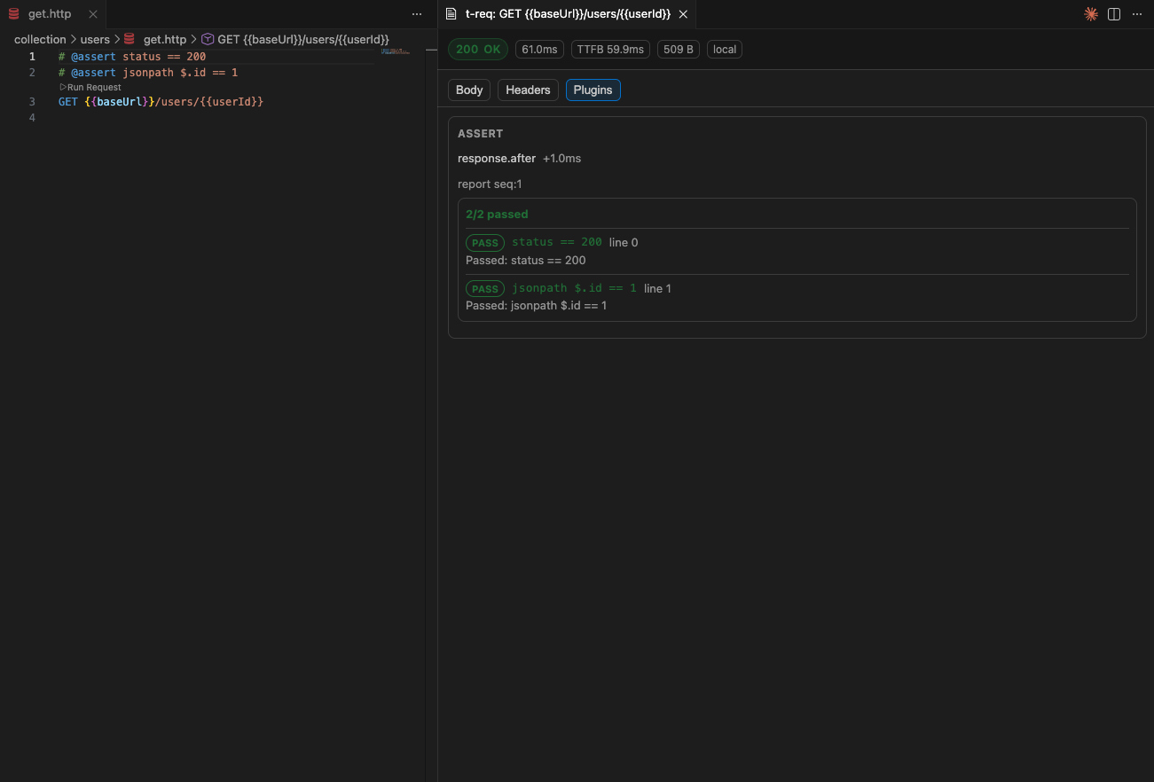 Assertion results in the Plugins tab