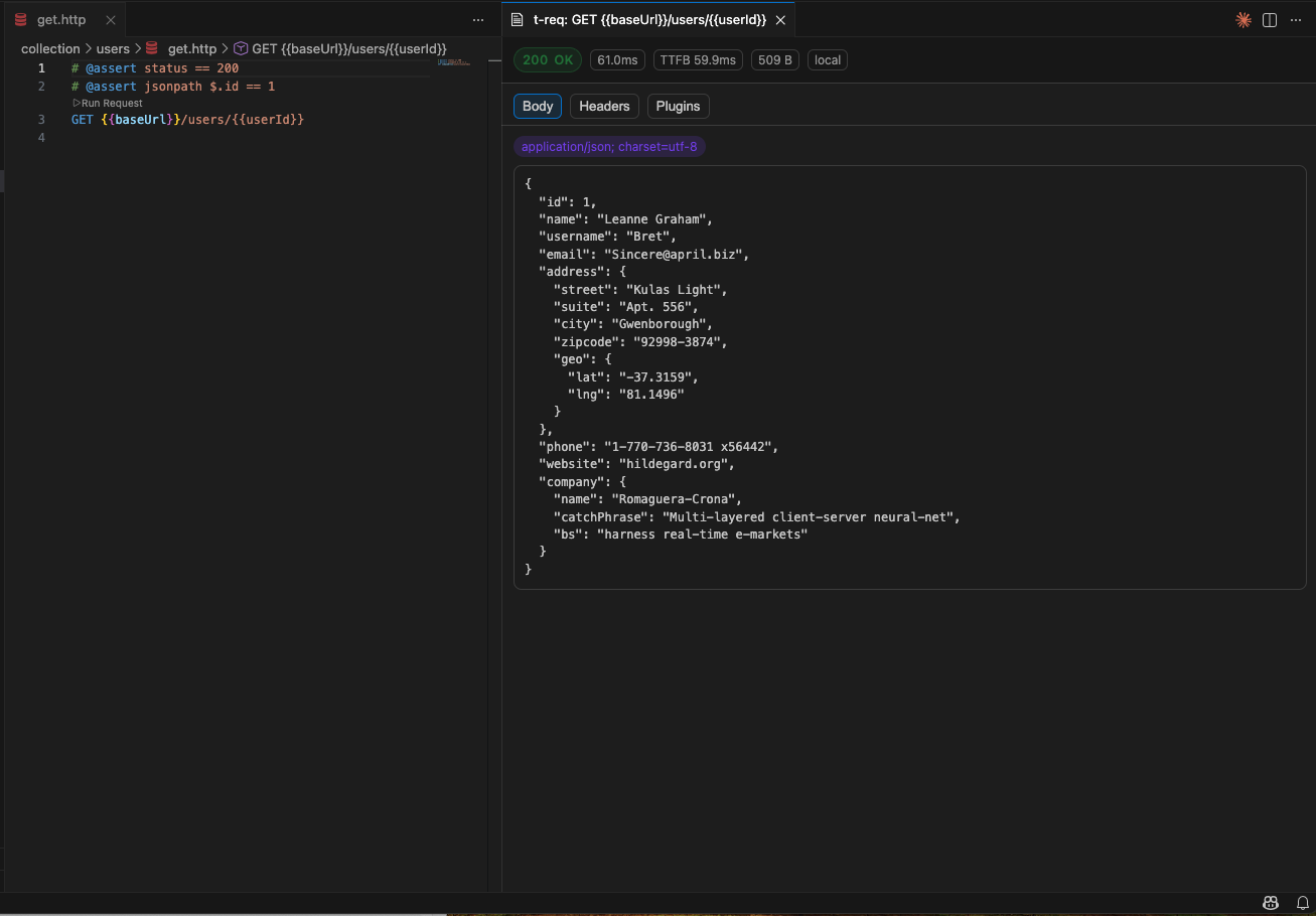 Response panel showing request results